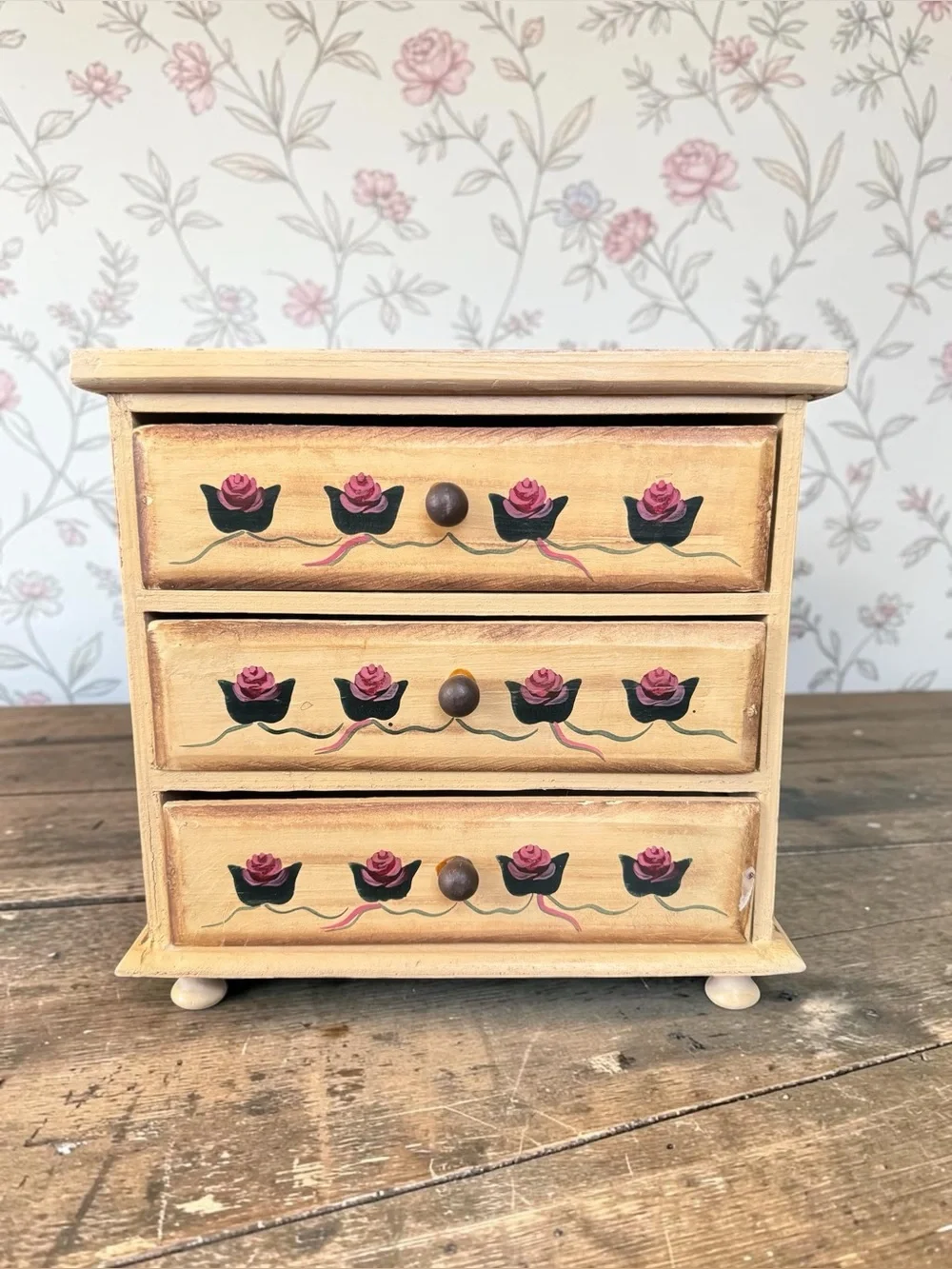 Hand-Painted Mini Chest Drawers with Pink Rose Motif